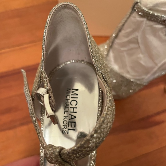 NWT, size 11, Michael Kors Silver Strappy Peep Toe Heels, Available - Picture 9 of 16